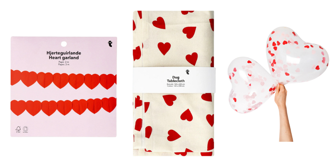 Tiger Copenhagen Valentines - heart garland, heart dug tablecloth and confetti heart balloons